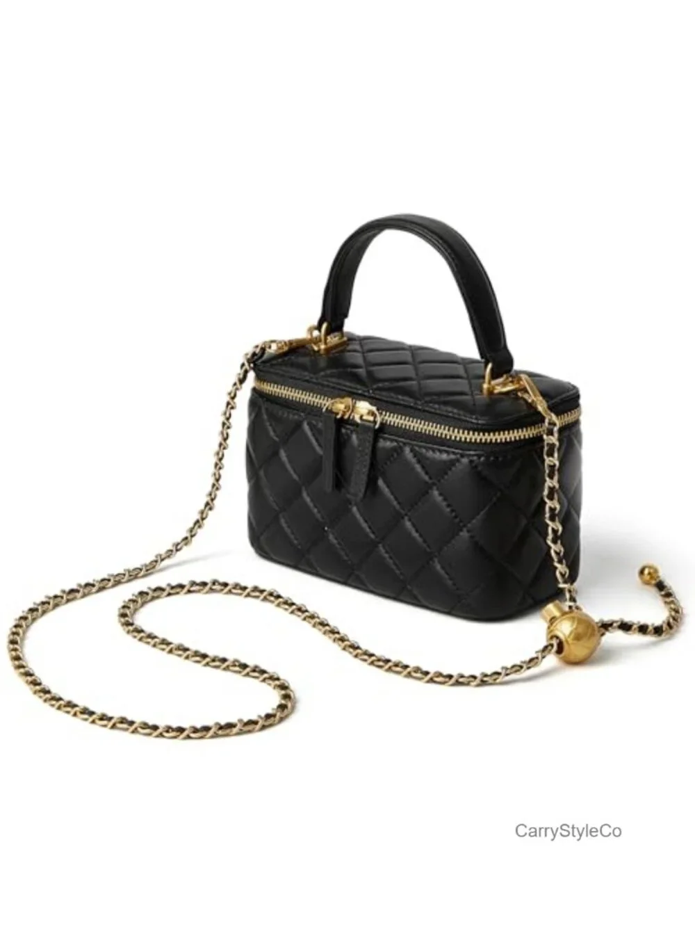 Genuine Leather Quilted Box Crossbody Bag with Chain Strap